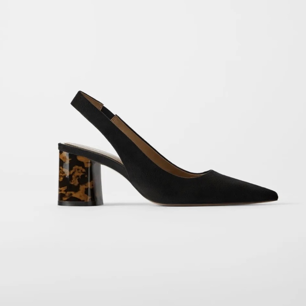 ZARA BLACK SUEDE SLINGBACK BLOCK TORTOISE PUMP HEELS SIZE 37 NEW!!!